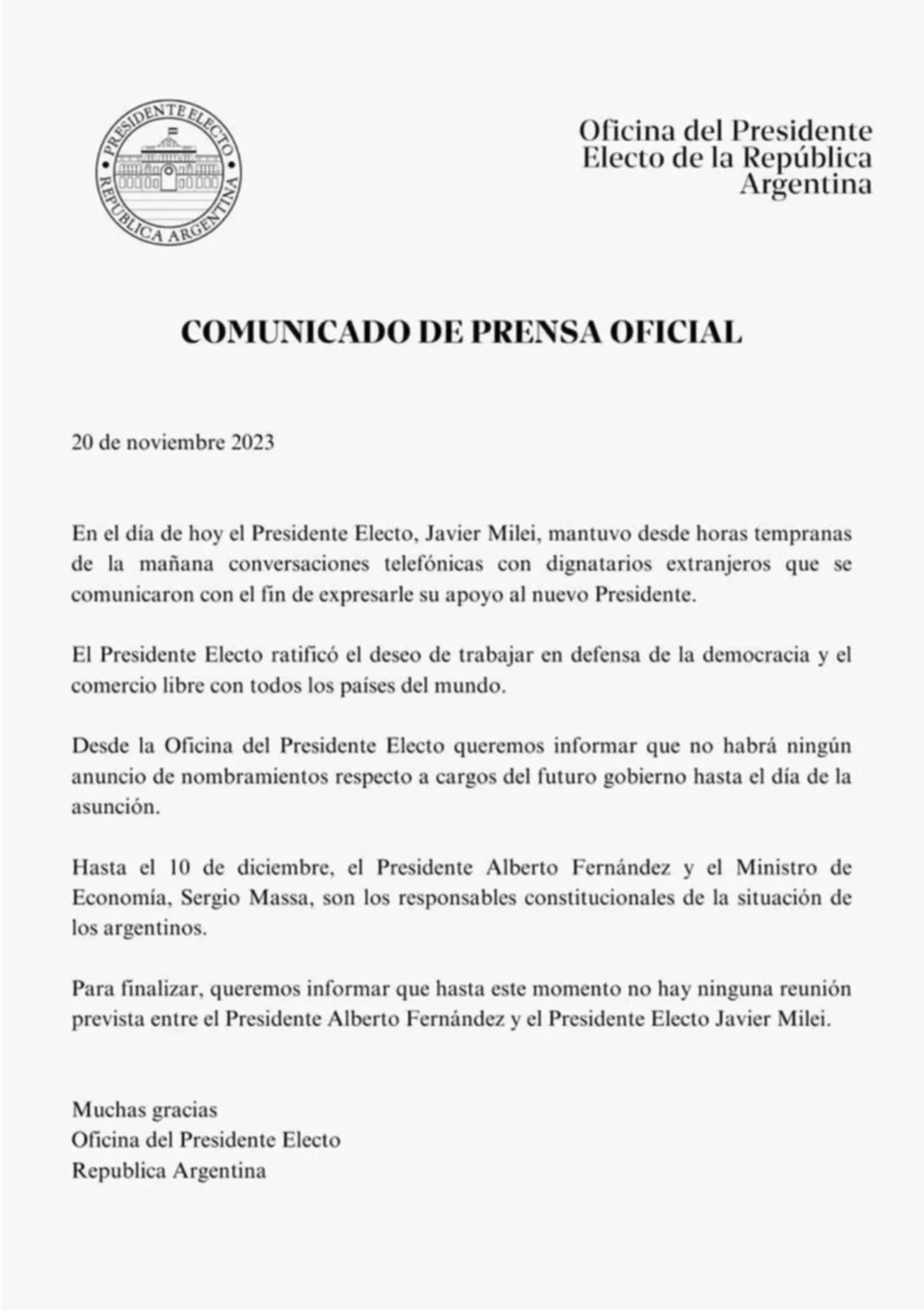 Transición: Javier Milei confirmó que no hay una reunión prevista con Alberto Fernández